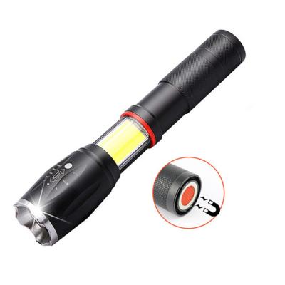 China Adjustable Focus Tactical Flashlight T6 18650 LED Torch Outdoor Hunting Rechargeable Waterproof Light With Magnetic COB Work Light for sale