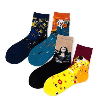 China Breathable Spring and Summer Western Christmas Abstract Oil Painting Mona Lisa Starry Retro Art Men and Women Anime Socks for sale