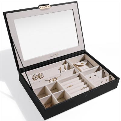 China Double Layer Jewelry Storage Travel PU Leather Large Jewelry Box Storage Carrying Case With Mirror Ring Earring Bracelet Necklace for sale