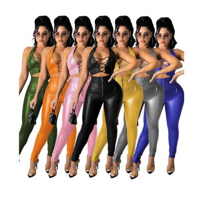 China Breathable Multicolor Leather Lace Up Leather Pants Women's PU Ladies Two Piece Pants for sale