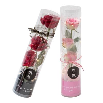 China Recycled Materials Valentine's Day Flower Box Round Single Pink Flower Tube Packaging Box Transparent Hugging Bucket for sale