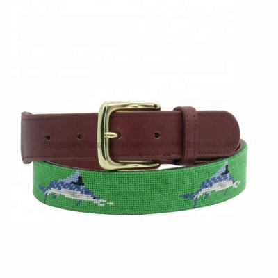 China Cowhide Men's Fish Hand Embroidery Needlepoint Genuine Leather Belt for sale