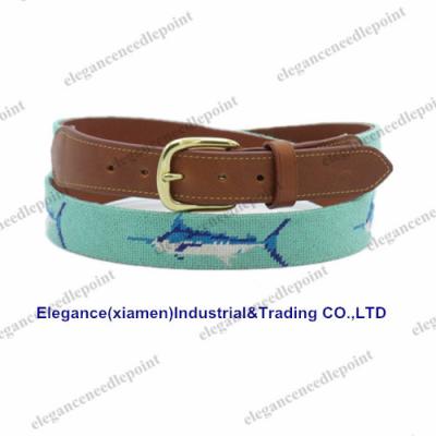 China Custom Hand Stitched Cowhide Billfish Needlepoint Cowhide Genuine Leather Belt for sale