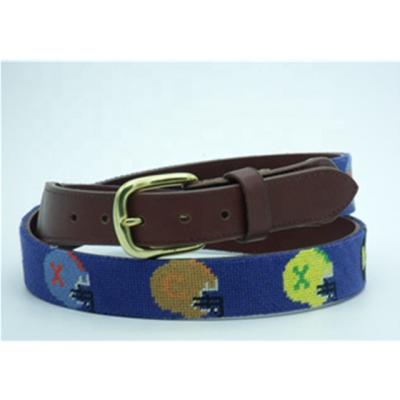 China Cowhide Hand Stitched Popular Needlepoint Blue Genuine Leather Belt With Brass Buckle for sale