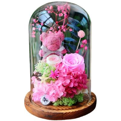 China 520 Flower Decoration Gift Glass Cover Gift Box Eternal Dry Rose Hydrangea Moss Flower Bear 14X22cm for sale