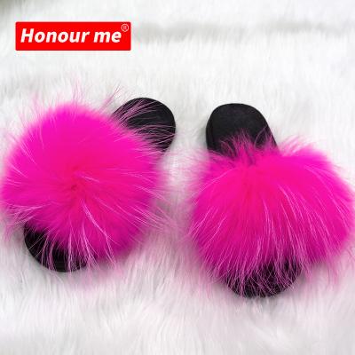 China Fashion Trend 2021 Fancy Slippers Women Slippers Summer Sandals Real Fox Fur Animal Hairy Girls Slides for sale