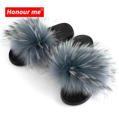 China Wholesale Fashion Trend Real Slipper Custom Raccoon Fur Slipper Flush Soft Fox Fur Slides for sale