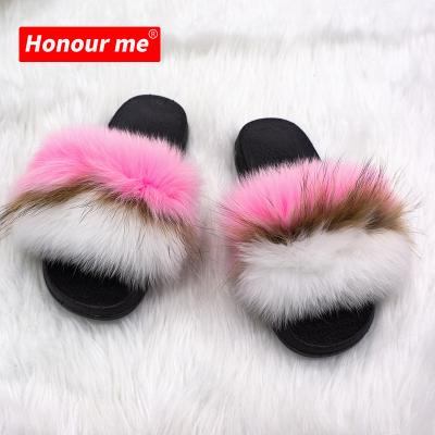 China 2021 Fashion RAINBOW Trend Summer SALE Real Fox Fur Slippers HOT Color Rainbow Fur Slippers Women Hairy Women's Raccoon Fur Slippers sandals for sale