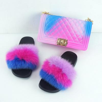 China Fashion Top Selling Sandals and Bag Set Wholesale New Arrivals Colorful Jelly Bag Handbag and Fur Slides 2021 Ladies Purse and Shoe Sets for sale