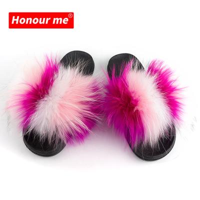 China 2021 Fashion Trend True Rainbow Color Home Slippers Fox Fur Women Sandals Women Furry Slipper Summer Furry Slipper for sale