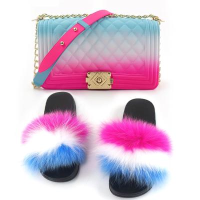 China High Quality Wholsale Reasonable Price Multi Color Fur Slides And Purse Set For Fashion Ladies for sale