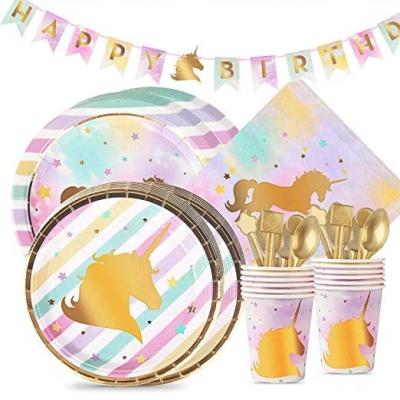 China Unicorn Party Supplies Set Plates Pastel Party Decorations Cups Napkins & Bunting Banner & Gold Unicorn Theme Party Favors for Kids Birthday for sale