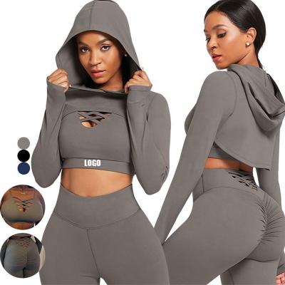 China Breathable Wholesale Sportswear Long Sleeve Crop Top 3 Piece Hoodie Pant Yoga Workout Set Women Clothing Active Wear Gym Fitness Sets for sale