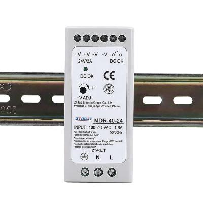 China Low Power Consumption 40W DIN Rail Power Supply 24V 110vdc 24vdc MDR-40-24 1.7A Adjustable Changing Power Supply for sale