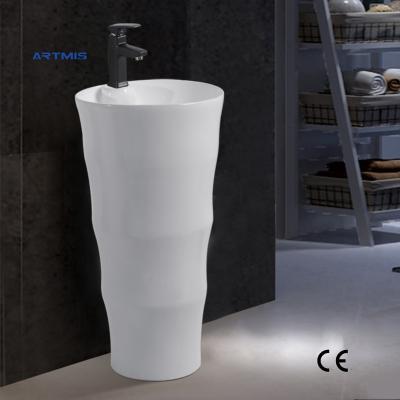 China Luxury Hotel Modern White Color Hand Basin Bathroom Sink Freestanding Solid Outdoor Artificial Stone Pedestal Sink for sale