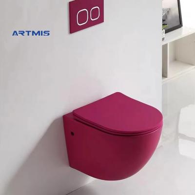 China Wholesale Modern Ceramic Wall Mounted Toilet Rimless Hidden Wall Hung Toilet Double-flow China Bathroom Red Color Water Tank for sale