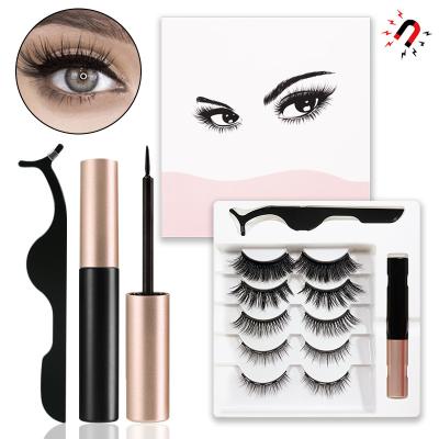 China Factory Sale Waterproof 5 Pair Magnetic False Mink Eyelashes Set With New Style Liquid Glue Eyeliner Magnet Lashes Free Stock for sale