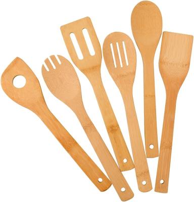 China Sustainable 6 Pieces Bamboo Wooden Spoons Spatula Flat Nonstick Bases Set Cookware Set for sale