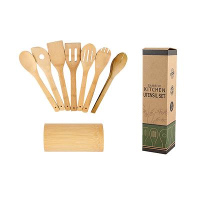 China Sustainable 7 Pieces Bamboo Wooden Spoons Spatula Nonstick Flat Bases Set Cookware Set for sale