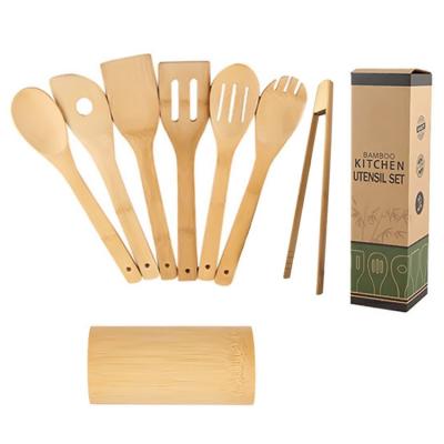 China Sustainable 7 Pieces Bamboo Wooden Spoons Spatula Nonstick Flat Bases Set Cookware Set for sale