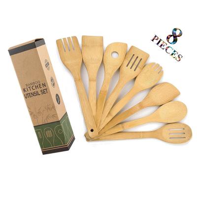 China Sustainable 8 Pieces Bamboo Wooden Spoons Spatula Flat Nonstick Bases Set Cookware Set for sale