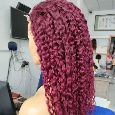 China Hot selling curly curl waterwave wig wholesale price remy hair weaving 99j to drop lace front transparent shipping wig for sale