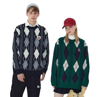 China 2021 Wholesale Anti-wrinkle Autumn Unisex Argyle O-Neck Sweater Loose Style Knitted Sweater Oversized Casual Couple Fashion Pullovers for sale