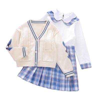 China 2022 Anti-Wrinkle Girls Pleated Dress Children Long Sleeve Sailor Collar College Style School Uniform Set Two Piece Set Sweater Cardigan for sale