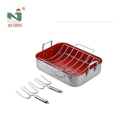 China Red Color Stainless Steel 16Inch Sustainable Non-Stick Cook Roast Commercial Pan With Forks for sale