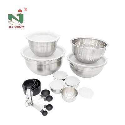 China Viable Hot Selling 23 PCs Multifunctional Stainless Steel Mixing Bowl Set With Kitchen Strainer Measuring Cup And Spoons for sale