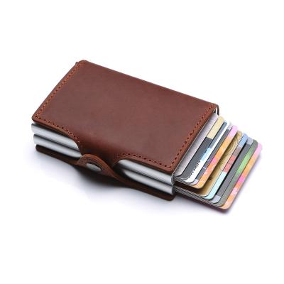 China RFID Blocking Protects 2020 Hot Selling RFID Blocking Best Men Case Credit Card Holder Wallet Aluminum Genuine Leather Double For Promotion Birthday Gift for sale