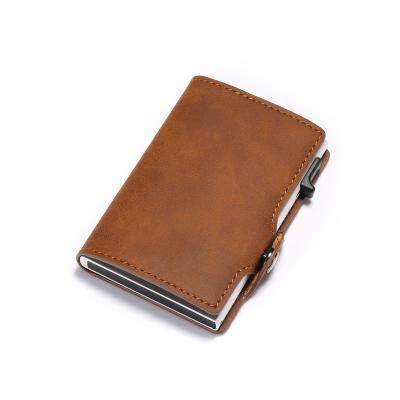 China RFID Blocking Protects 2020 New And Hot Factory Customized Side Push Button Men's RFID Blocking Minimalist Aluminum Leather Wallet Credit Card Holder for sale