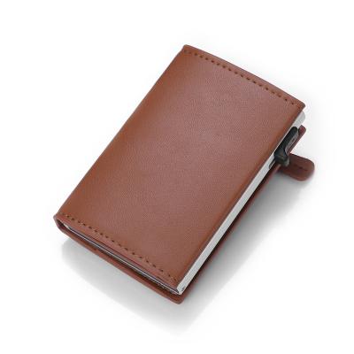 China RFID Blocking Protect Leather 2020 New OEM Factory Design Top Grain RFID Blocking Automotive Noise Up Aluminum Case Side Push Button Credit Card Wallet for sale