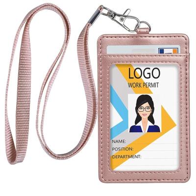 China New Premium Quantity Fashion Leather ID Badge Holder PU Work Badge Vertical ID Card Holder with Neck Strap Lanyard for Party Event office school for sale