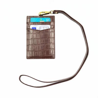 China 2021 Quantity Top Quality Crocodile Pattern Wholesale Neck ID Selling Leather Card Holder With Lanyard Name Tag Card Badge Holder For Work Bus for sale