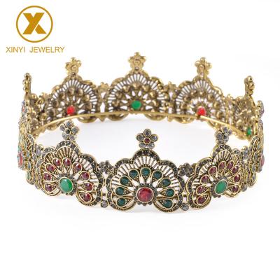 China Vintage Gold Zinc Alloy Wedding Hair Accessories Colorful Stone Tiaras For Girls Round Crowns Bridal Jewelry for sale