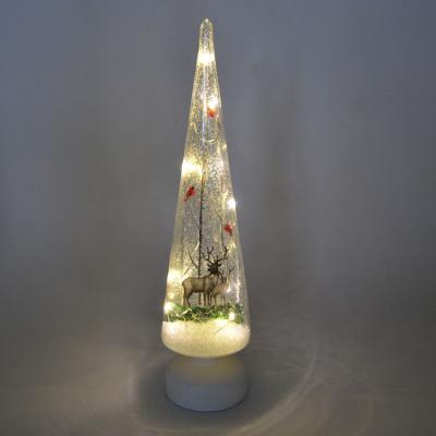 China Christmas Decoration Or Gift Led Light Glass Christmas Tree With Reindeer And Red Birds Decoration for sale