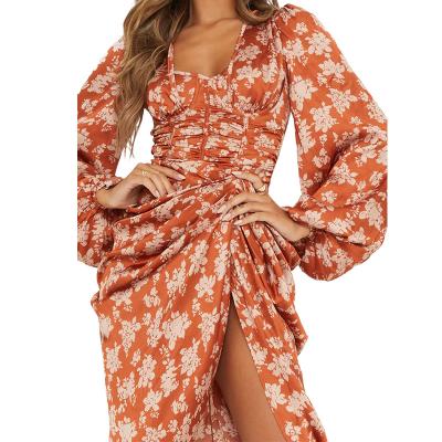 China Anti-Static Hot Sale Long Sleeve Ladies Dress Sexy Elegant Floral Thigh Split Casual for sale