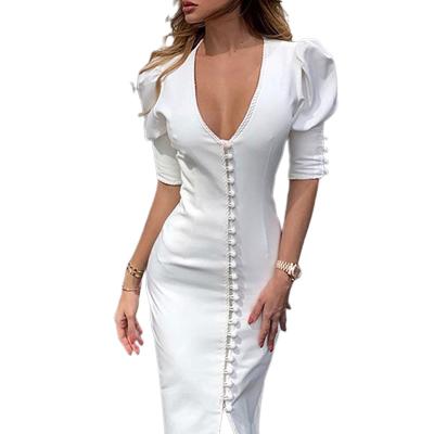 China Women Casual Maxi Dress White Customer Anti-Static V-Neck Dress Long Dresses For Elegant Women for sale