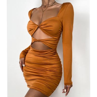 China Hot Solid Color Anti-Static Hollow Out Long Sleeve Women Dresses Sexy Bodycon Mini Dress for sale