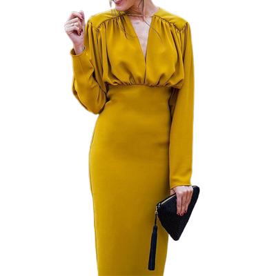 China New Anti-Static Ruffered V-Neck Midi Dress Women Casual Wear For Elegant Ladies Formal Dress Women for sale