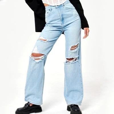 China New Fashion Breathable High Waisted Hole Straight Washed Casual Loose Jeans Wide Leg Pants for sale