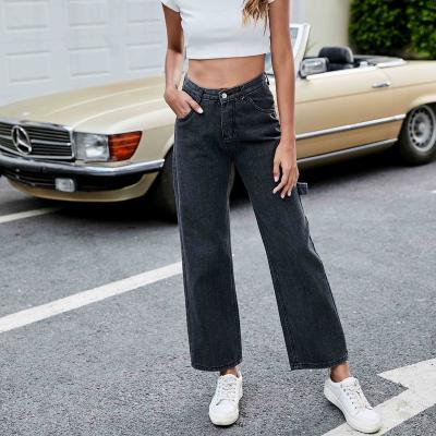 China New Fashion Custom Breathable High Waisted Slim Fit Wide Leg Black Straight Jeans Pants For Women for sale