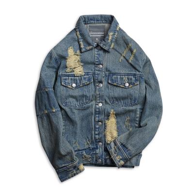 China Breathable Customized Printing Ripped Washed Color Man Jacket Loose Plus Size Lattice Jacket For Men for sale