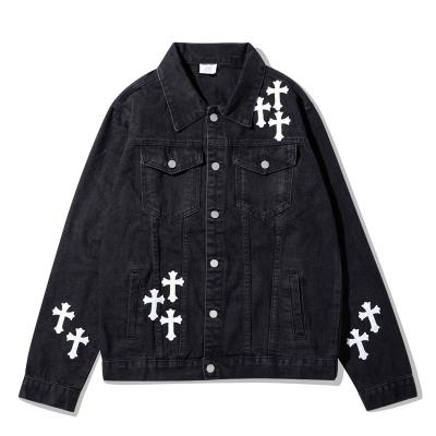 China Breathable Lattice Jacket Street Style Cross Embroidered Black Denim Plus Size Mens Jackets for sale