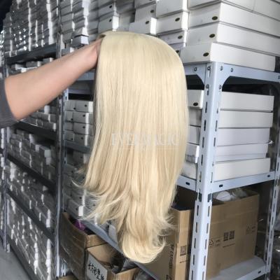 China Hot Selling Luxury High Quality 60# Platinum Blonde Color Silky Straight Wave Virgin Human Hair Long Layers Jewish Kosher Wigs Silk Top Wigs for sale