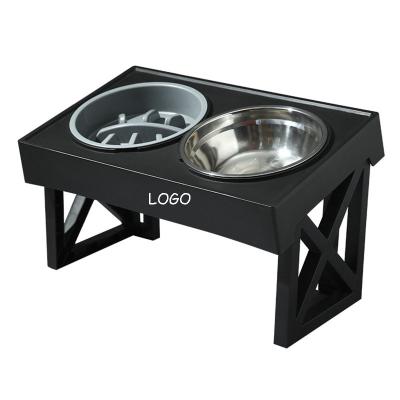 China Durable Hot Selling Cat Dog LOGO Double Feeder Custom Water Bowl Anti-Slip Elevated Wooden Frame SET 2 Stainless Steel Pet Bowl for sale