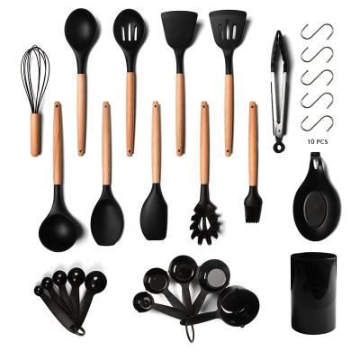 China Viable Customize Hot Fashion Amazon Seller Kitchen Accessories Manufacturer Wooden Handle Spatula Silicone Kitchen Utensil Set for sale