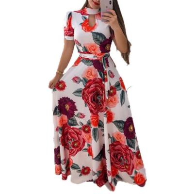 China Autumn New Casual Dress Women Breathable Short Sleeve Print Dress O Neck Bandage Belt Dress for sale