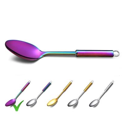 China Sustainable Kitchen Utensils Rainbow Titanium Plated Solid Stainless Steel Spoon Cooking Tasting Spoon for sale